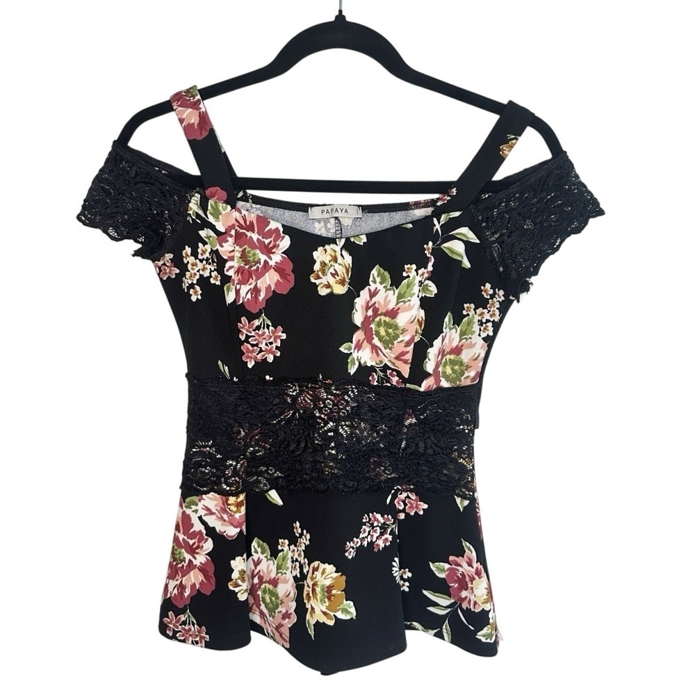 Papaya Floral Lace Peplum Top Small Tie Back Black Rose Whimsigoth Cottagecore
